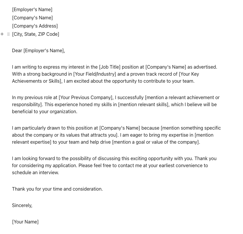 Cover Letter Template